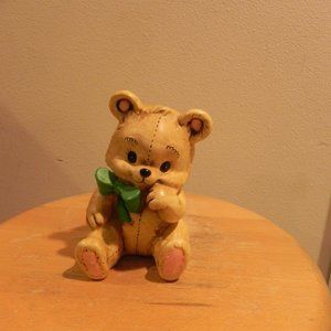 vintage yellow teddy bear bank with green bow tie ceramic bank 5 1/4 inches
